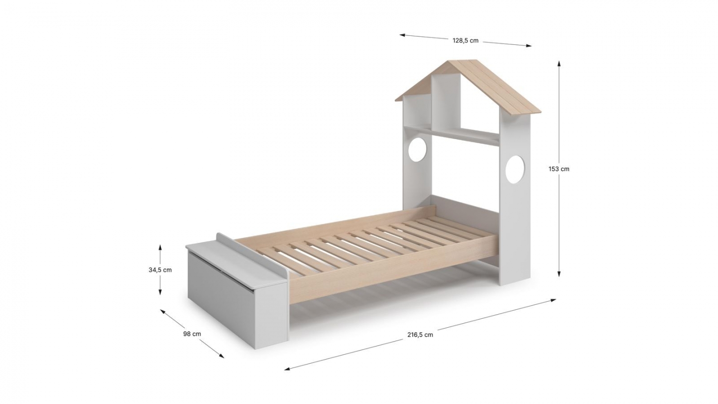 Lit enfant 90x190 cm en bois blanc avec tête de lit cabane et coffre de rangement - Anatole