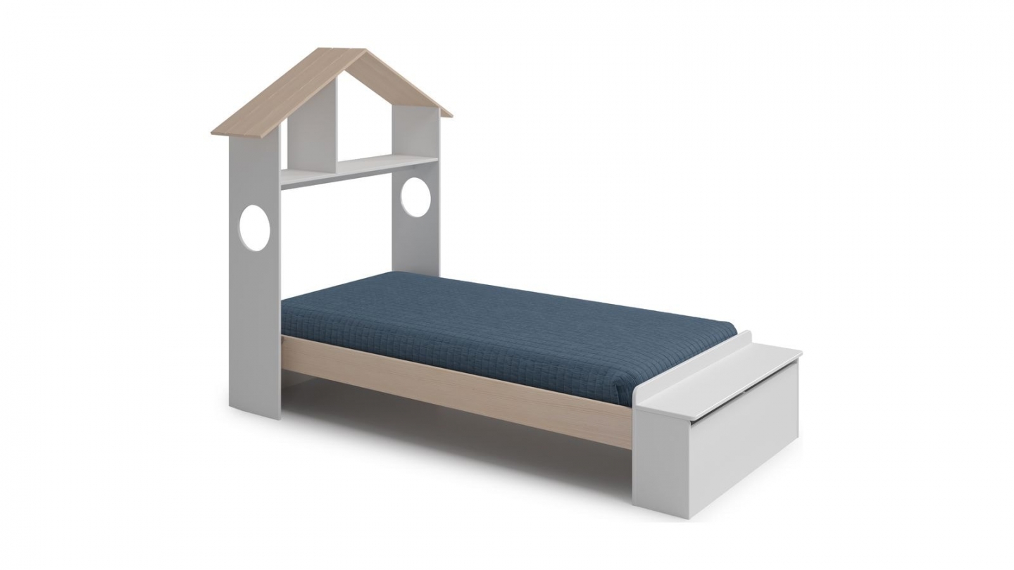 Lit enfant 90x190 cm en bois blanc avec tête de lit cabane et coffre de rangement - Anatole