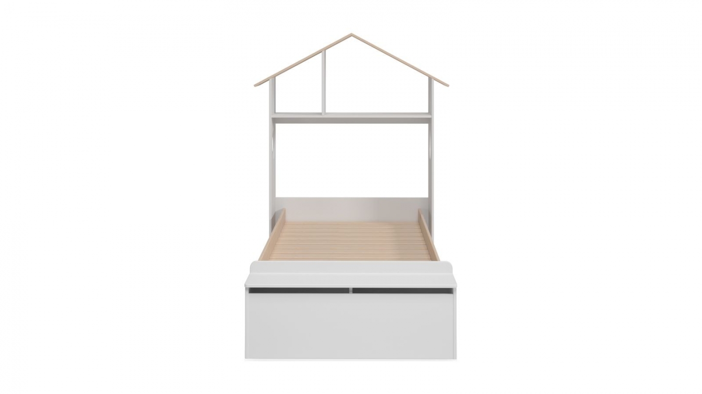 Lit enfant 90x190 cm en bois blanc avec tête de lit cabane et coffre de rangement - Anatole