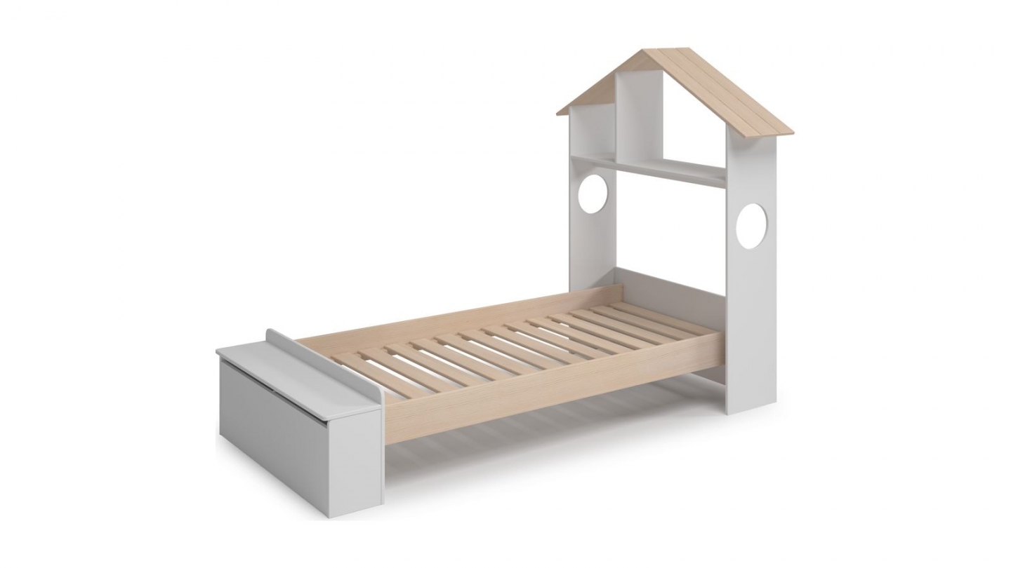 Lit enfant 90x190 cm en bois blanc avec tête de lit cabane et coffre de rangement - Anatole