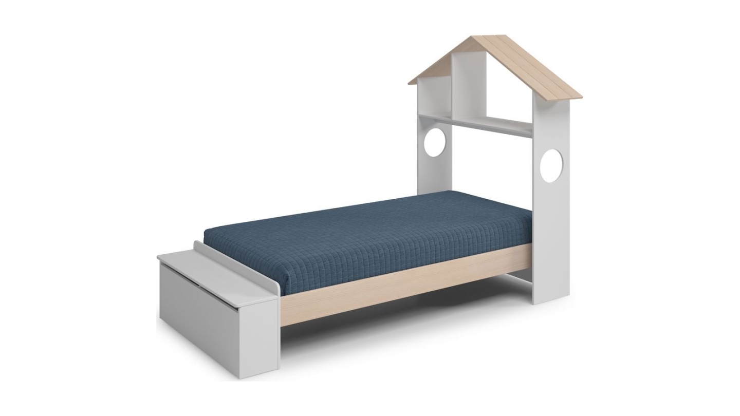 Lit enfant 90x190 cm en bois blanc avec tête de lit cabane et coffre de rangement - Anatole