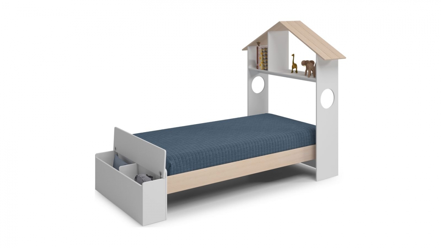 Lit enfant 90x190 cm en bois blanc avec tête de lit cabane et coffre de rangement - Anatole