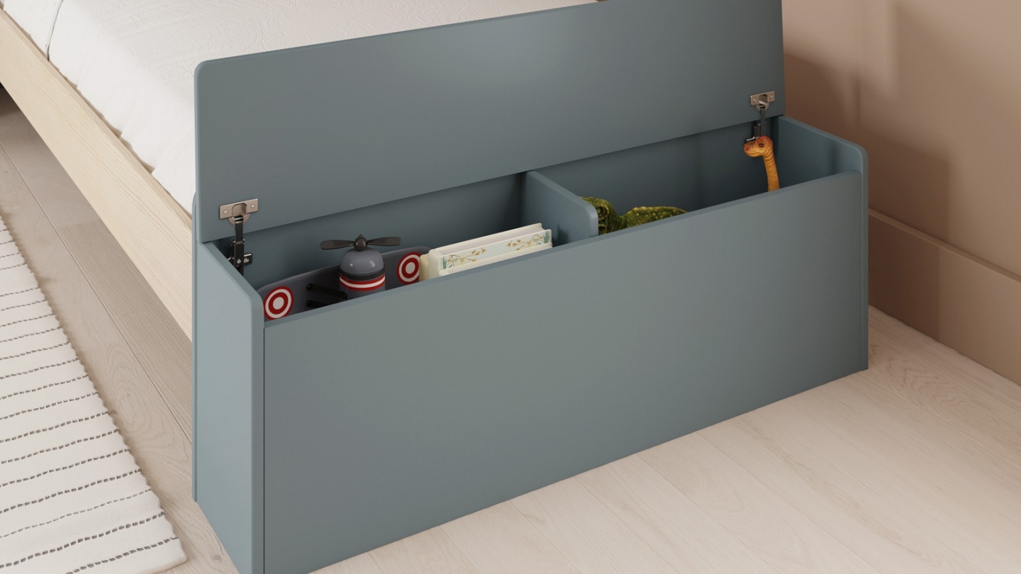 Lit enfant 90x190 cm en bois vert kaki avec tête de lit cabane et coffre de rangement - Anatole