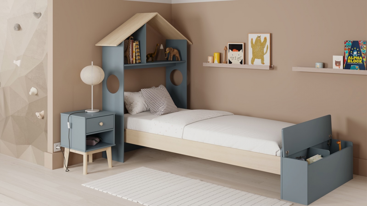 Lit enfant 90x190 cm en bois vert kaki avec tête de lit cabane et coffre de rangement - Anatole