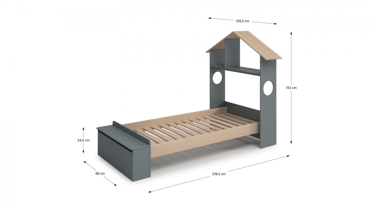 Lit enfant 90x190 cm en bois vert kaki avec tête de lit cabane et coffre de rangement - Anatole
