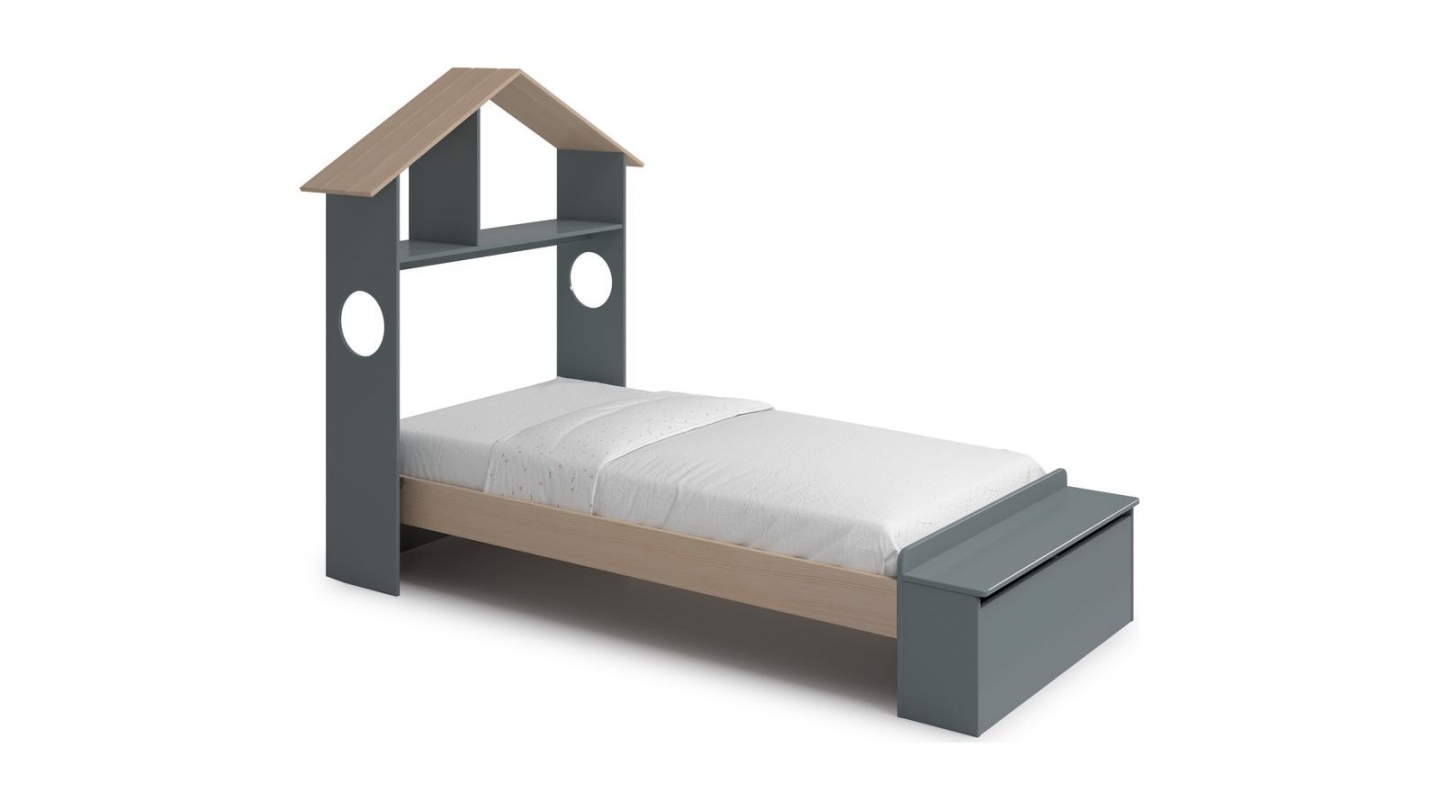 Lit enfant 90x190 cm en bois vert kaki avec tête de lit cabane et coffre de rangement - Anatole
