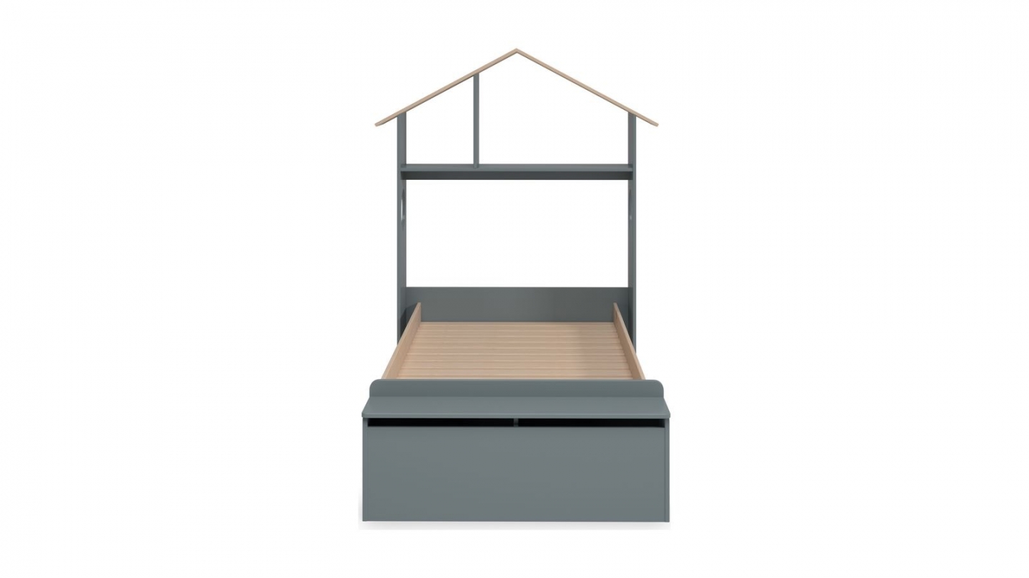 Lit enfant 90x190 cm en bois vert kaki avec tête de lit cabane et coffre de rangement - Anatole
