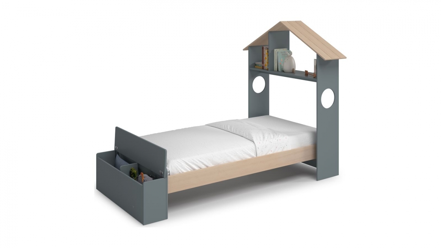 Lit enfant 90x190 cm en bois vert kaki avec tête de lit cabane et coffre de rangement - Anatole