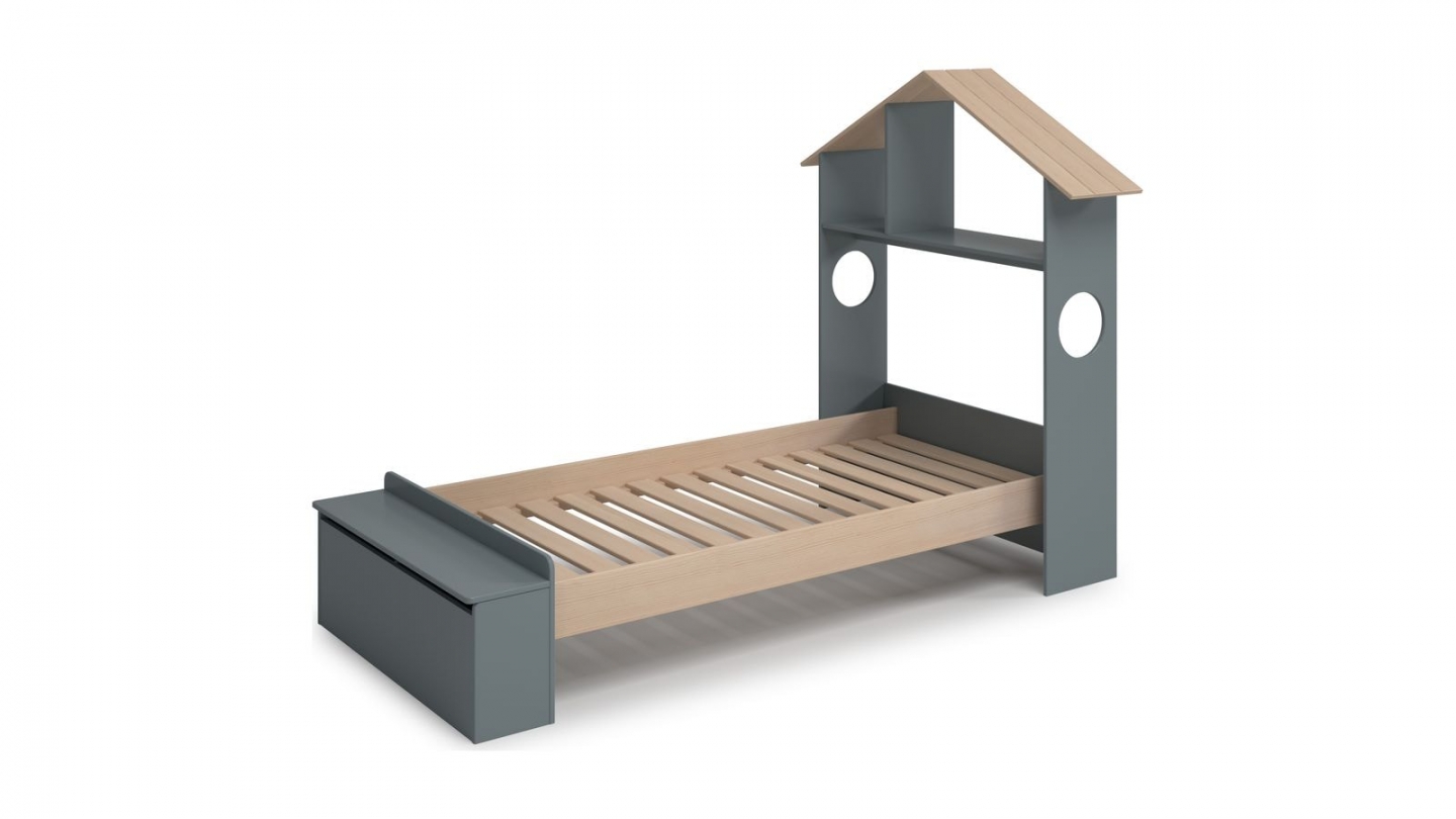 Lit enfant 90x190 cm en bois vert kaki avec tête de lit cabane et coffre de rangement - Anatole