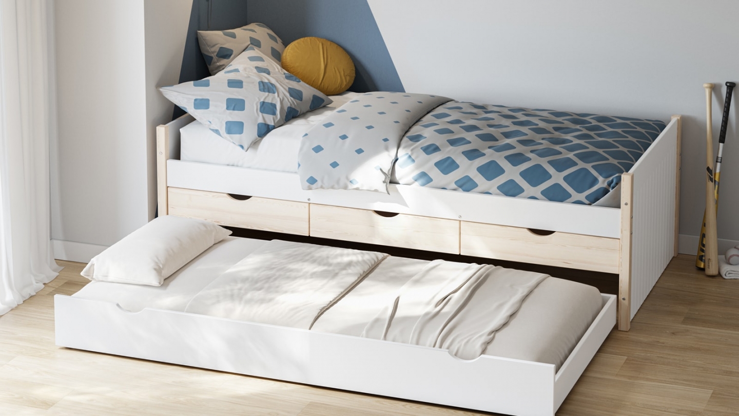 Lit gigogne enfant 90x190 à tiroirs en bois blanc - Owan