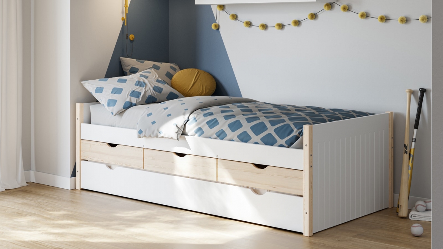 Lit gigogne enfant 90x190 à tiroirs en bois blanc - Owan
