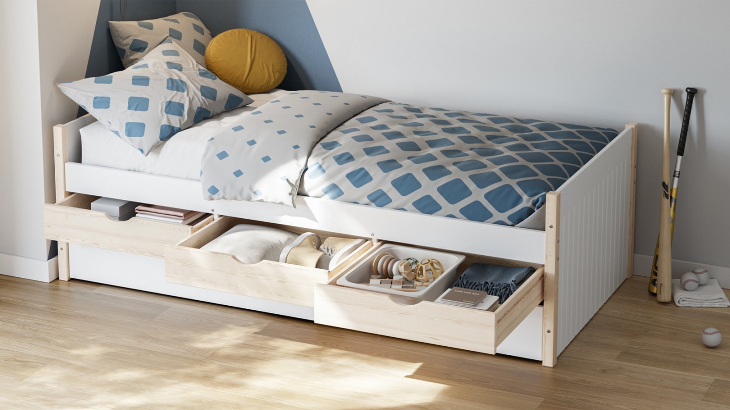 Lit gigogne enfant 90x190 à tiroirs en bois blanc - Owan