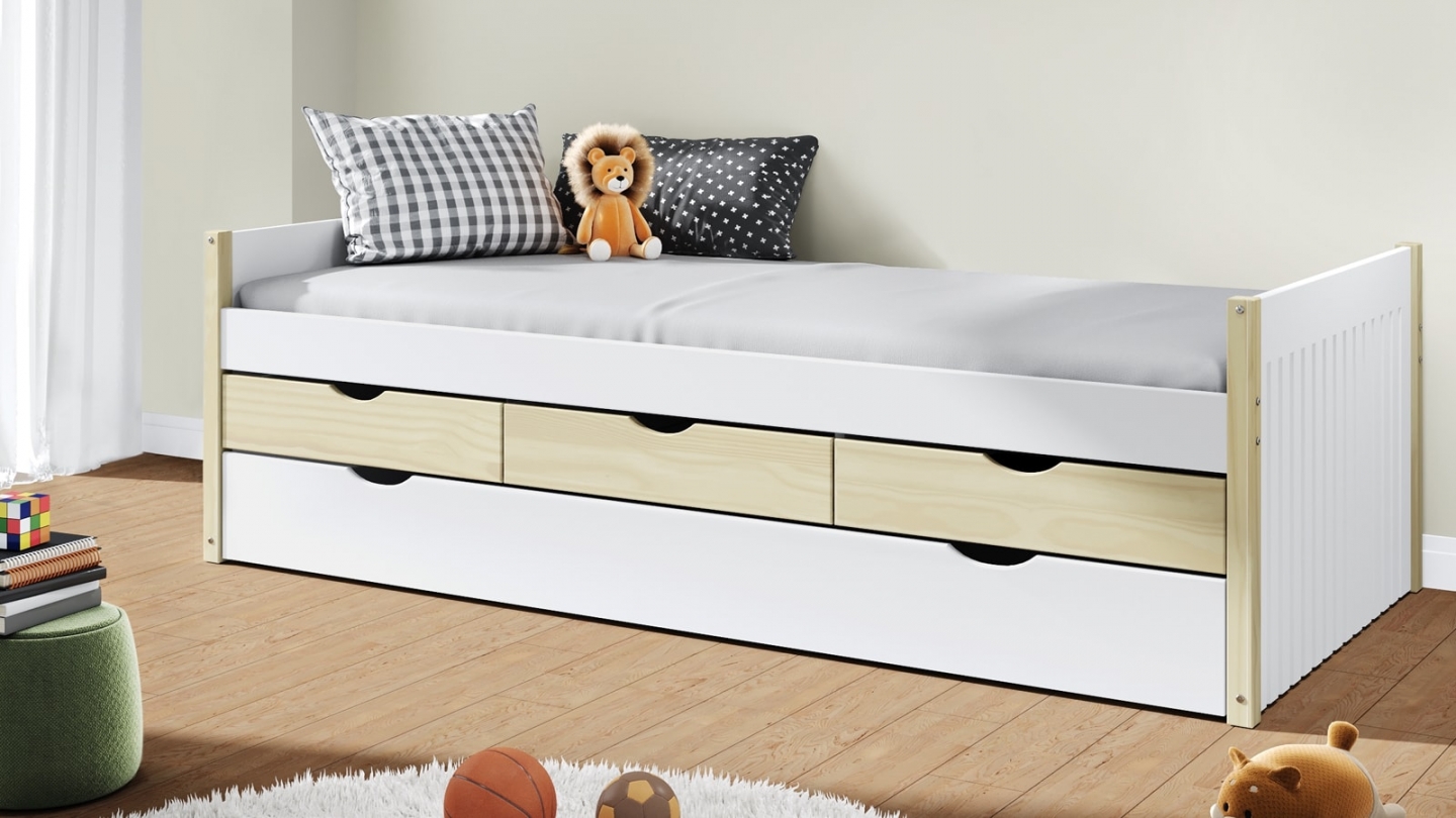 Lit gigogne enfant 90x190 à tiroirs en bois blanc - Owan