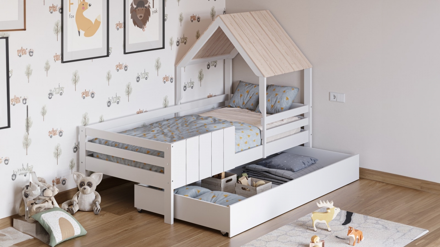 Lit cabane enfant 90x190 cm en bois blanc - Eloan