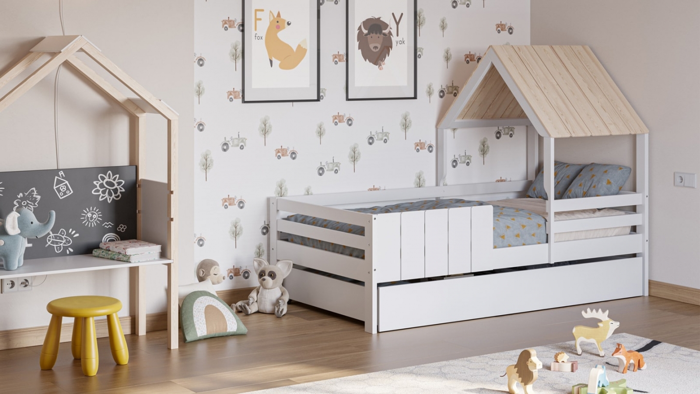 Lit cabane enfant 90x190 cm en bois blanc - Eloan