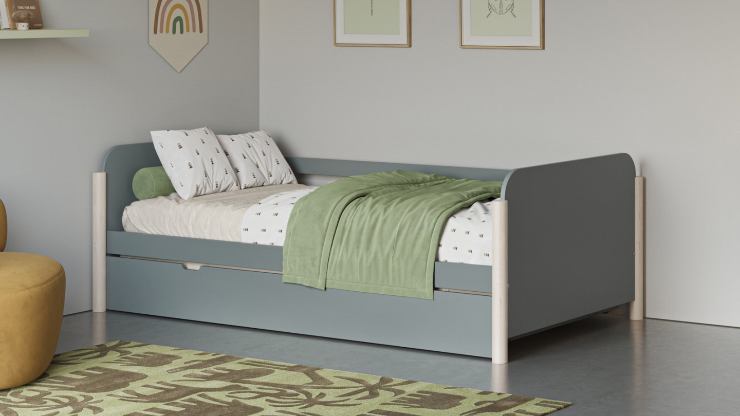 Lit enfant gigogne 90x190 cm avec tête de lit en bois vert kaki - Bastien