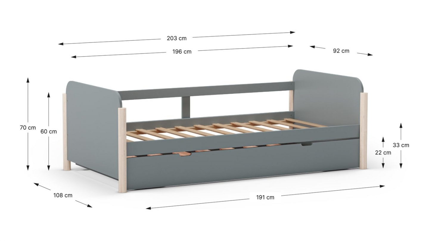 Lit enfant gigogne 90x190 cm avec tête de lit en bois vert kaki - Bastien