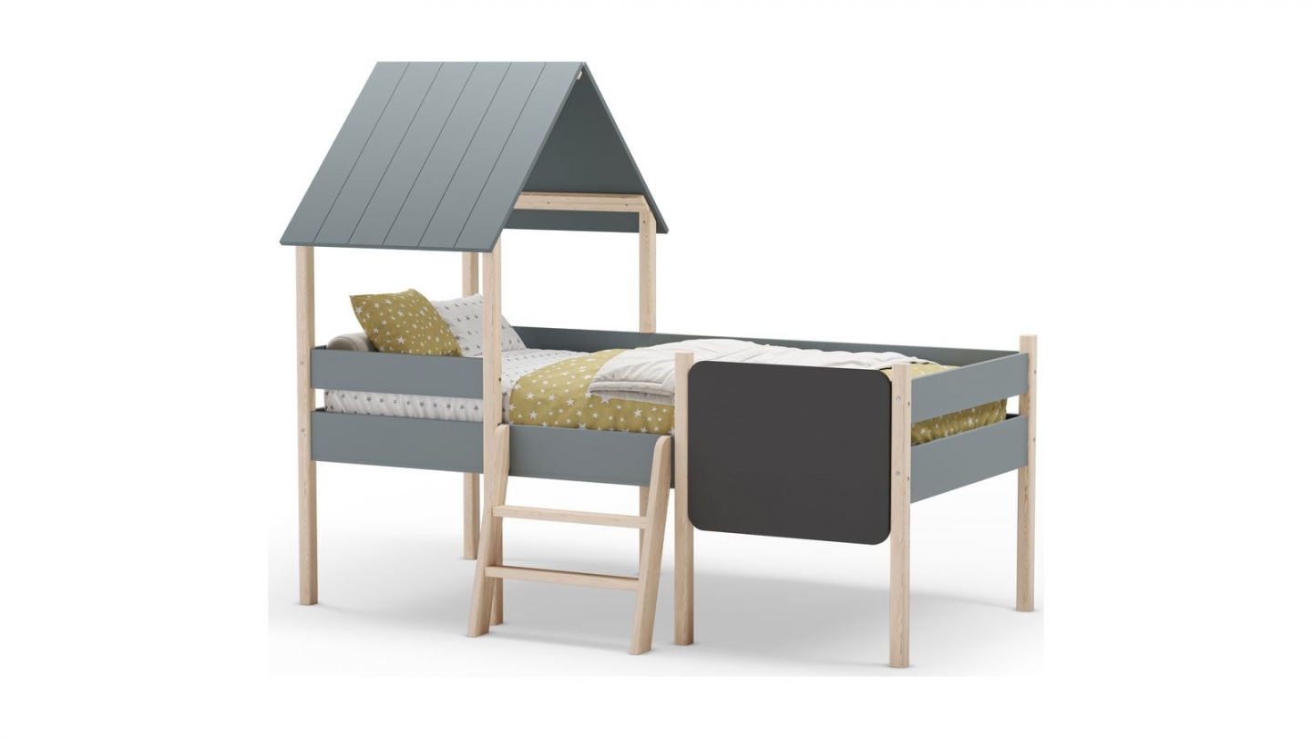 Lit cabane enfant 90x190 cm en bois vert kaki - Orea