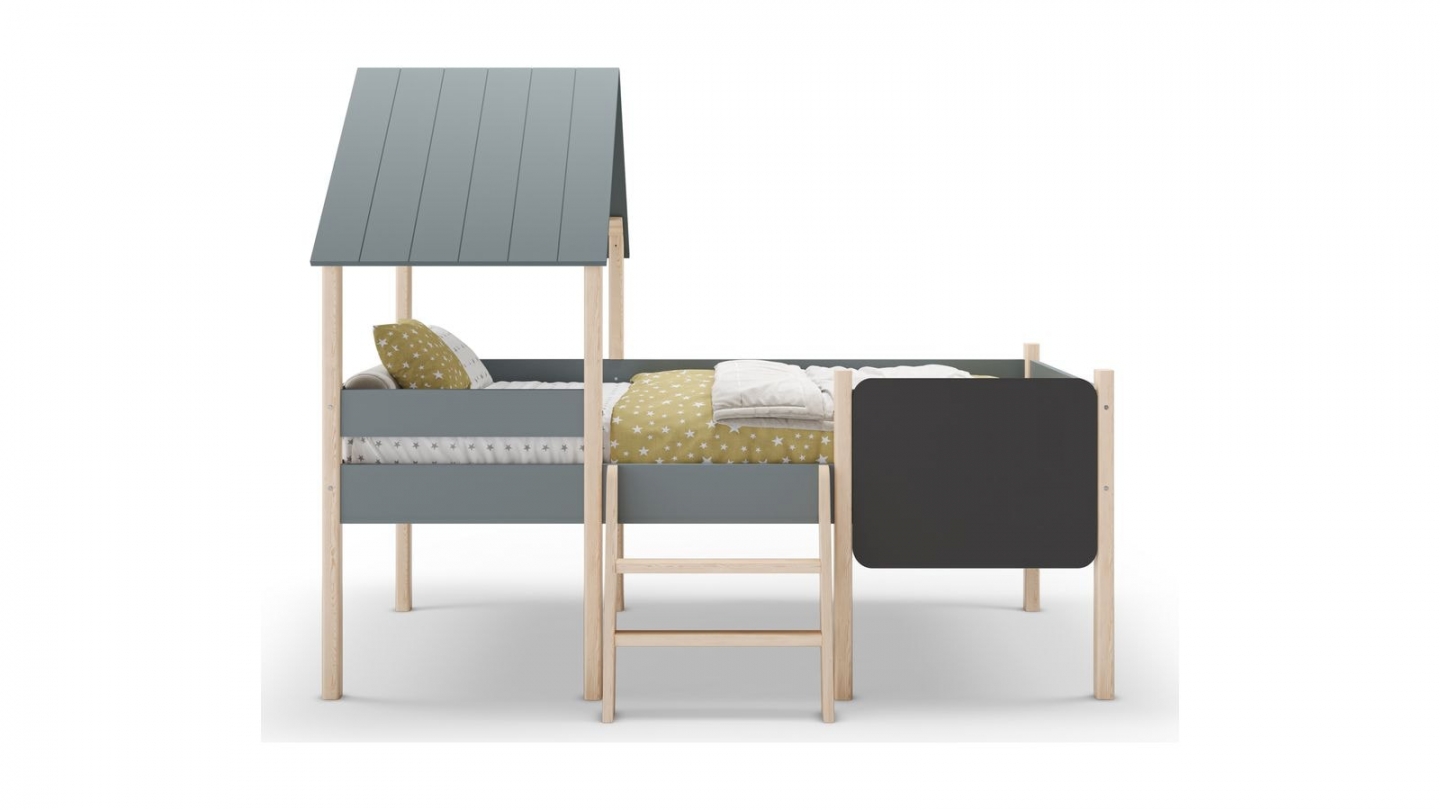 Lit cabane enfant 90x190 cm en bois vert kaki - Orea