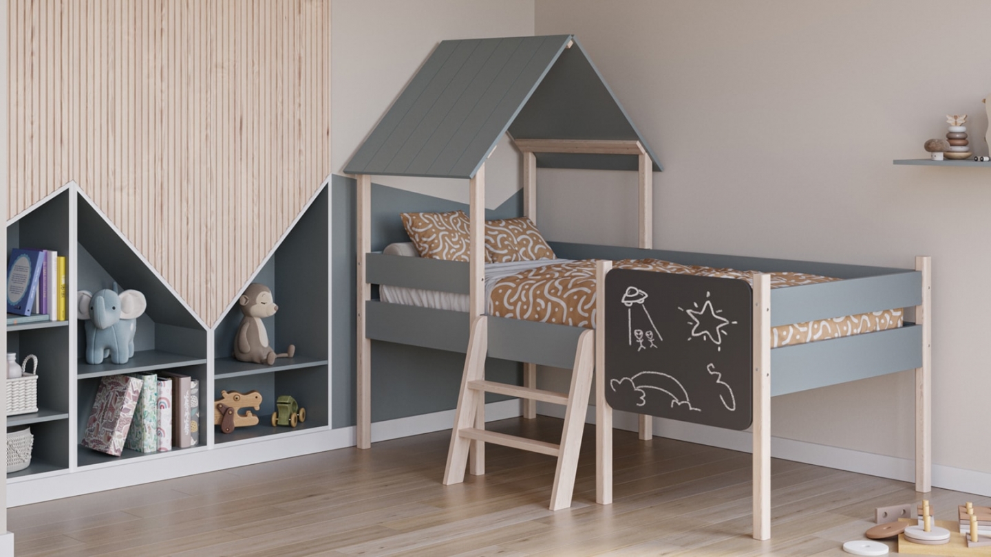Lit cabane enfant 90x190 cm en bois vert kaki - Orea