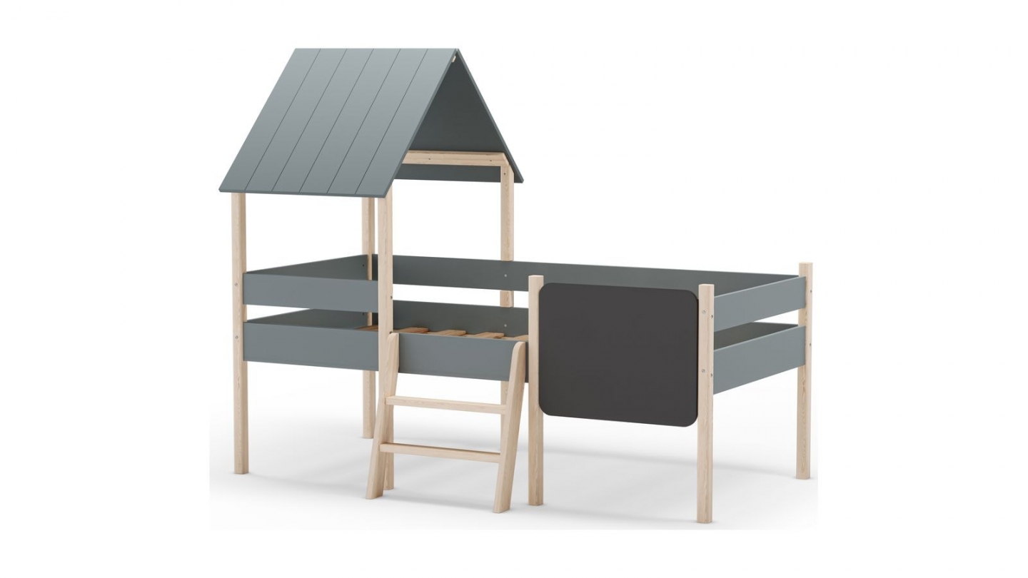 Lit cabane enfant 90x190 cm en bois vert kaki - Orea