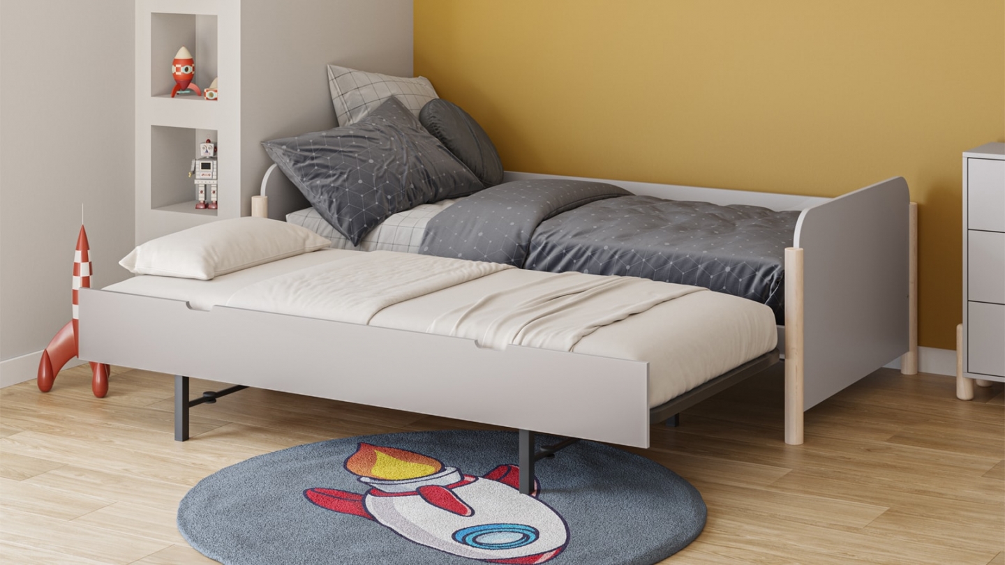 Lit enfant gigogne 90x190 cm avec tête de lit en bois beige - Bastien
