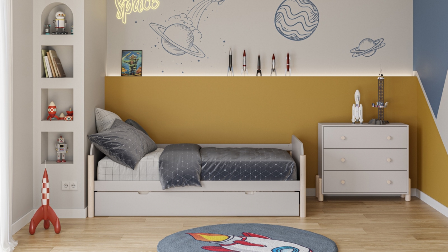 Lit enfant gigogne 90x190 cm avec tête de lit en bois beige - Bastien