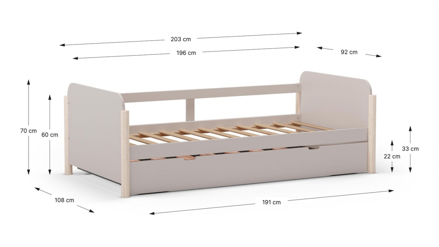 Lit enfant gigogne 90x190 cm avec tête de lit en bois beige - Bastien