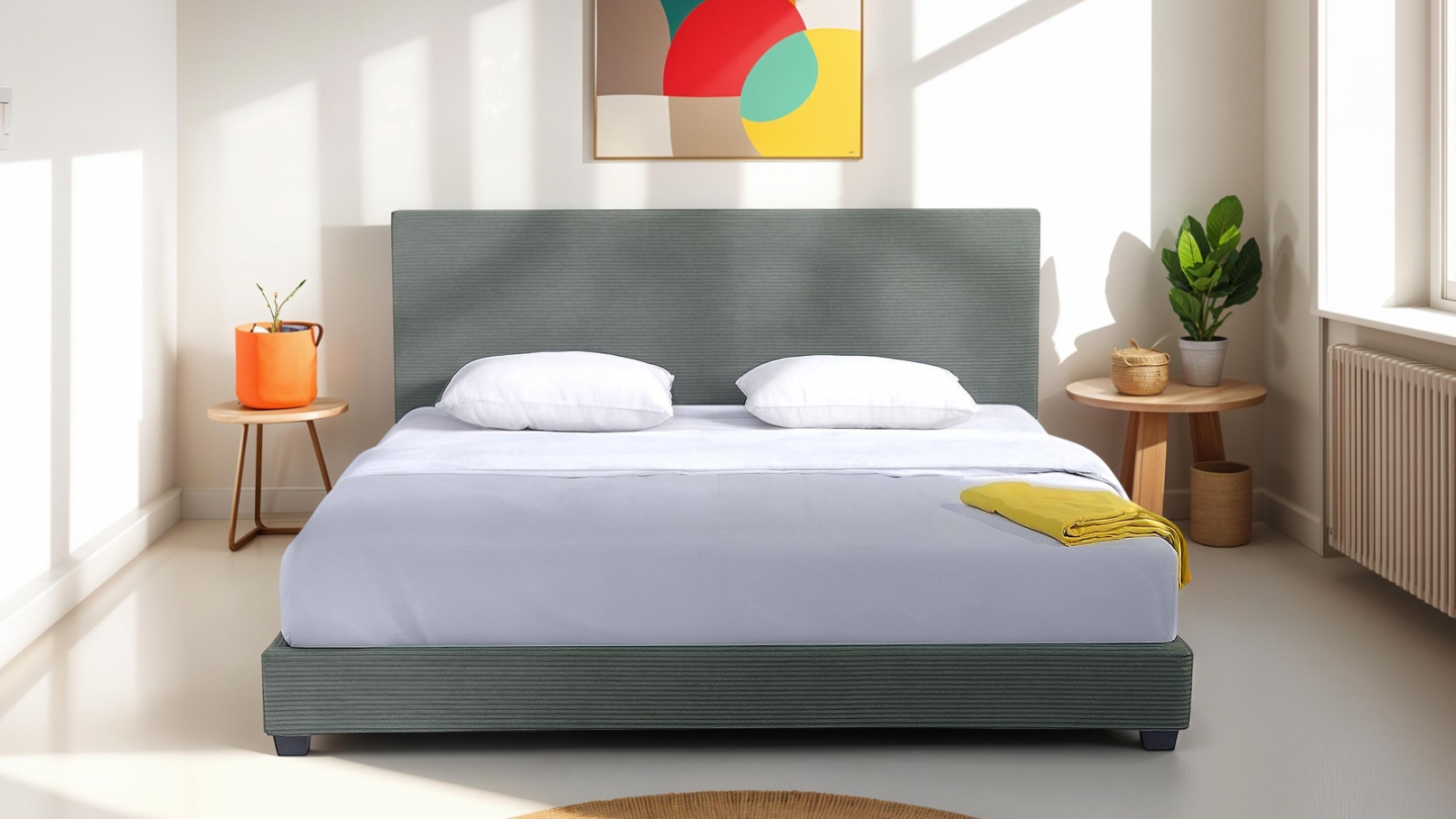 Lit adulte 180x200 cm avec tête de lit capitonnée en velours côtelé vert - William
