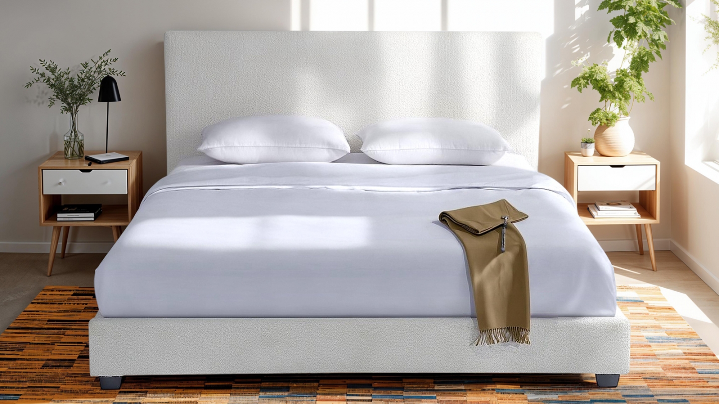 Lit adulte 140x190 cm avec tête de lit capitonnée en tissu bouclé beige - William