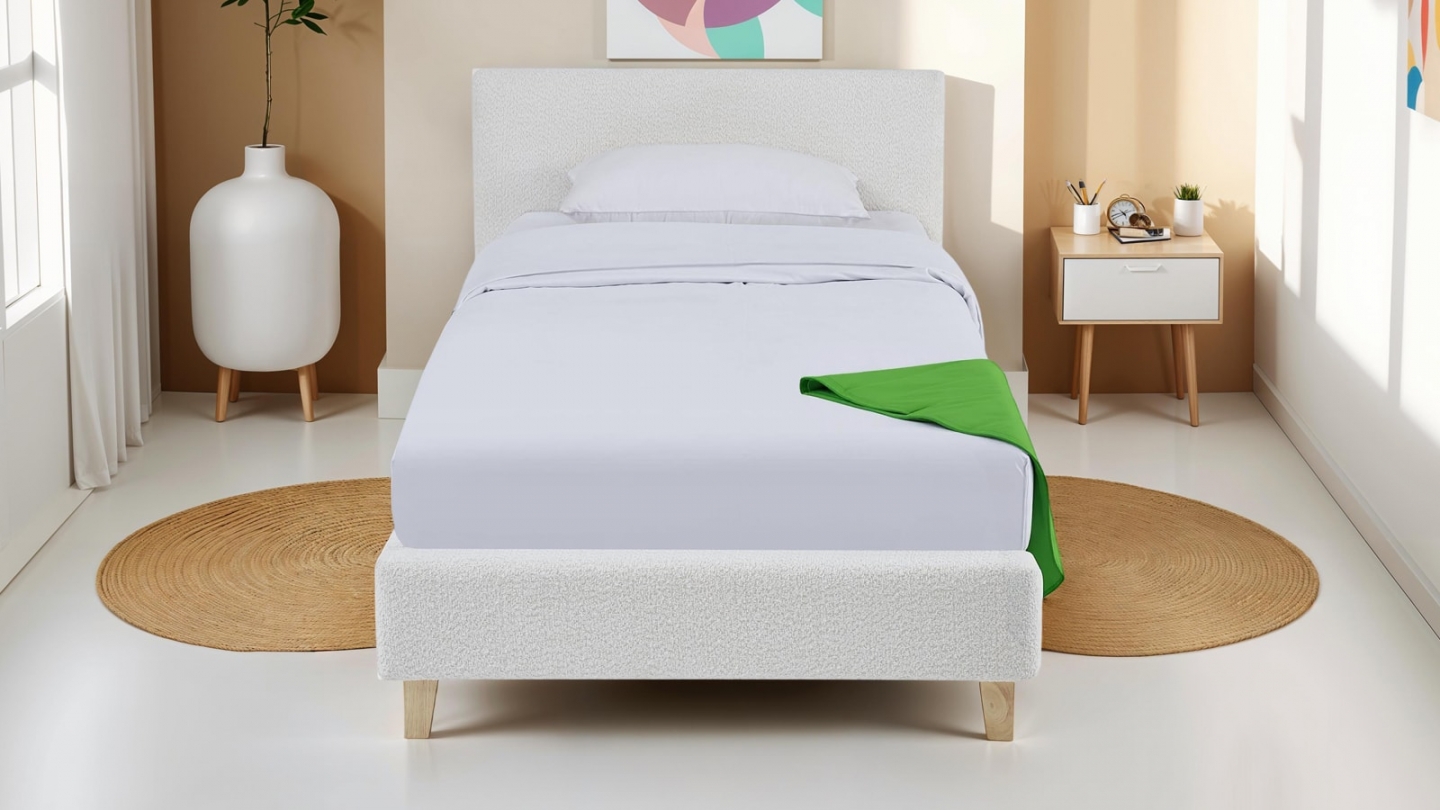 Lit adulte 90x190 cm avec tête de lit capitonnée en tissu bouclé beige - Milo