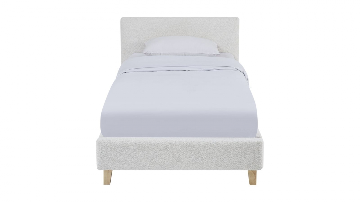 Lit adulte 90x190 cm avec tête de lit capitonnée en tissu bouclé beige - Milo