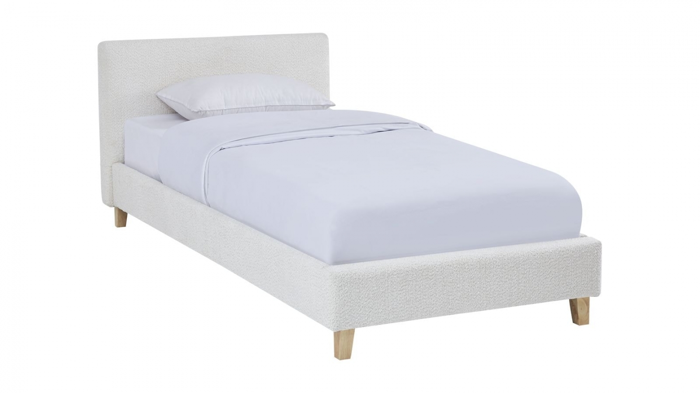 Lit adulte 90x190 cm avec tête de lit capitonnée en tissu bouclé beige - Milo