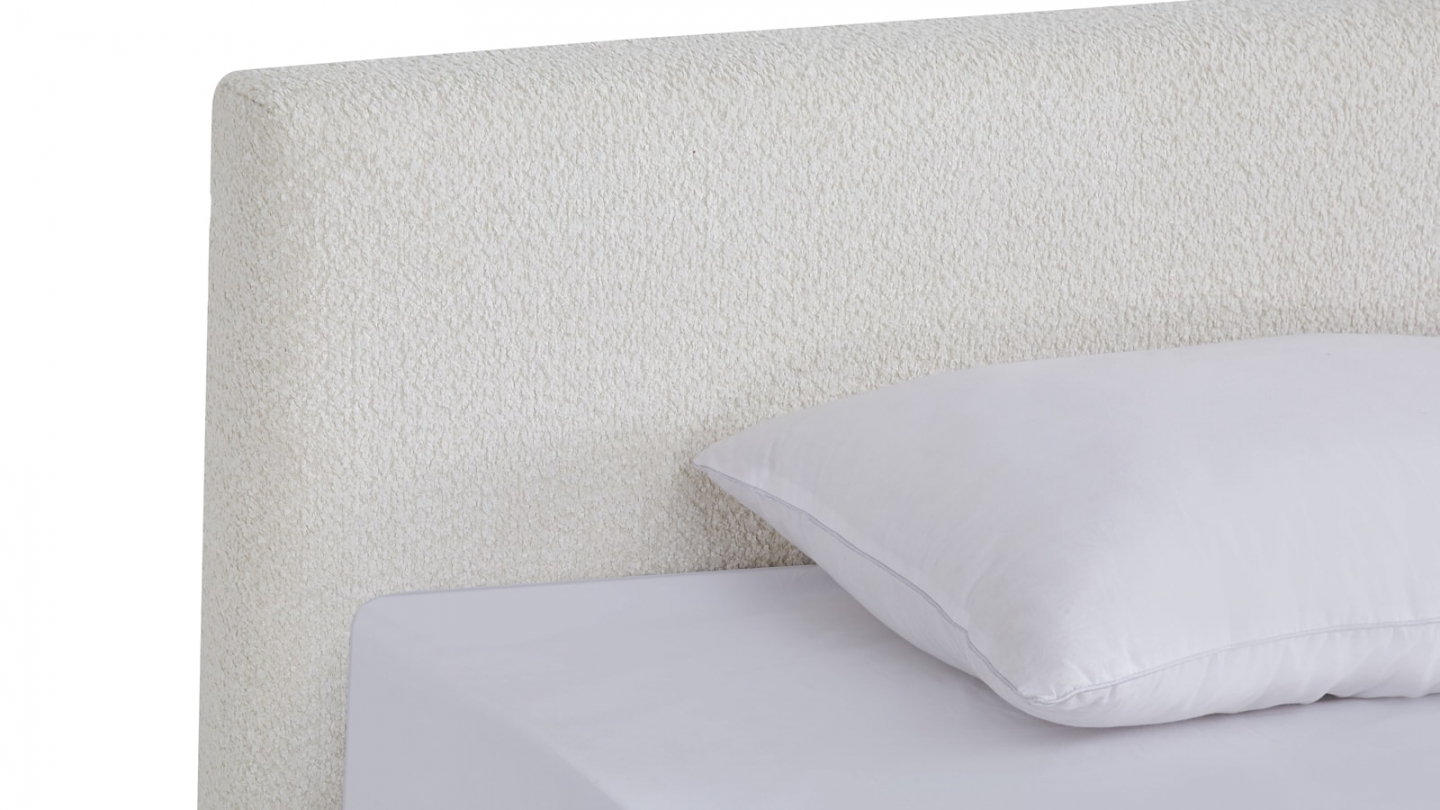 Lit adulte 90x190 cm avec tête de lit capitonnée en tissu bouclé beige - Milo