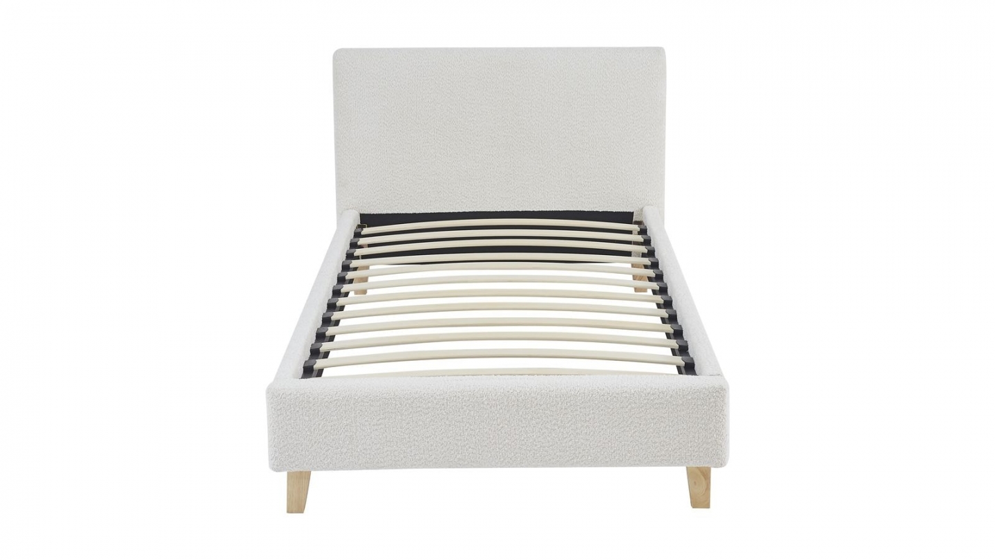 Lit adulte 90x190 cm avec tête de lit capitonnée en tissu bouclé beige - Milo
