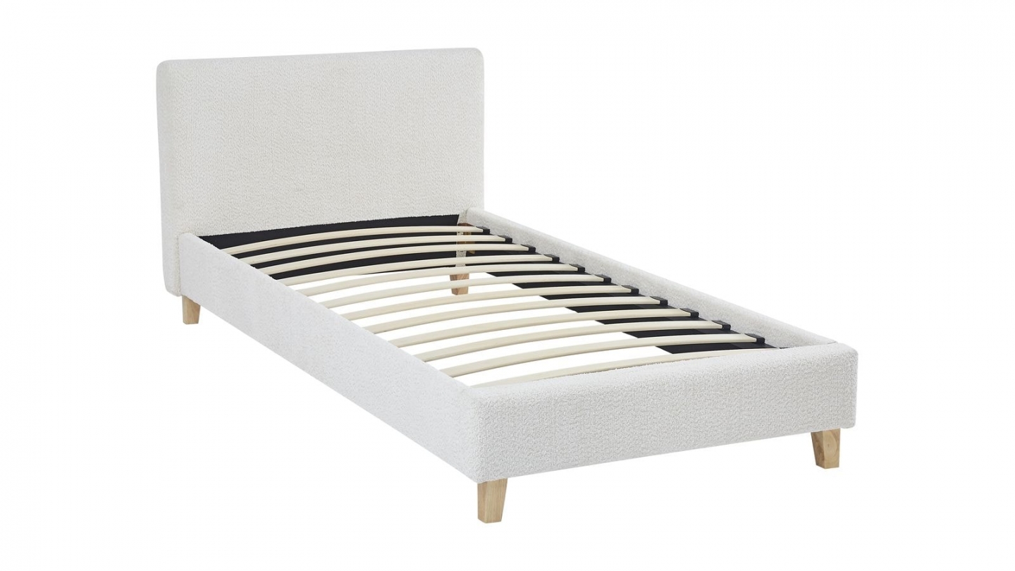 Lit adulte 90x190 cm avec tête de lit capitonnée en tissu bouclé beige - Milo
