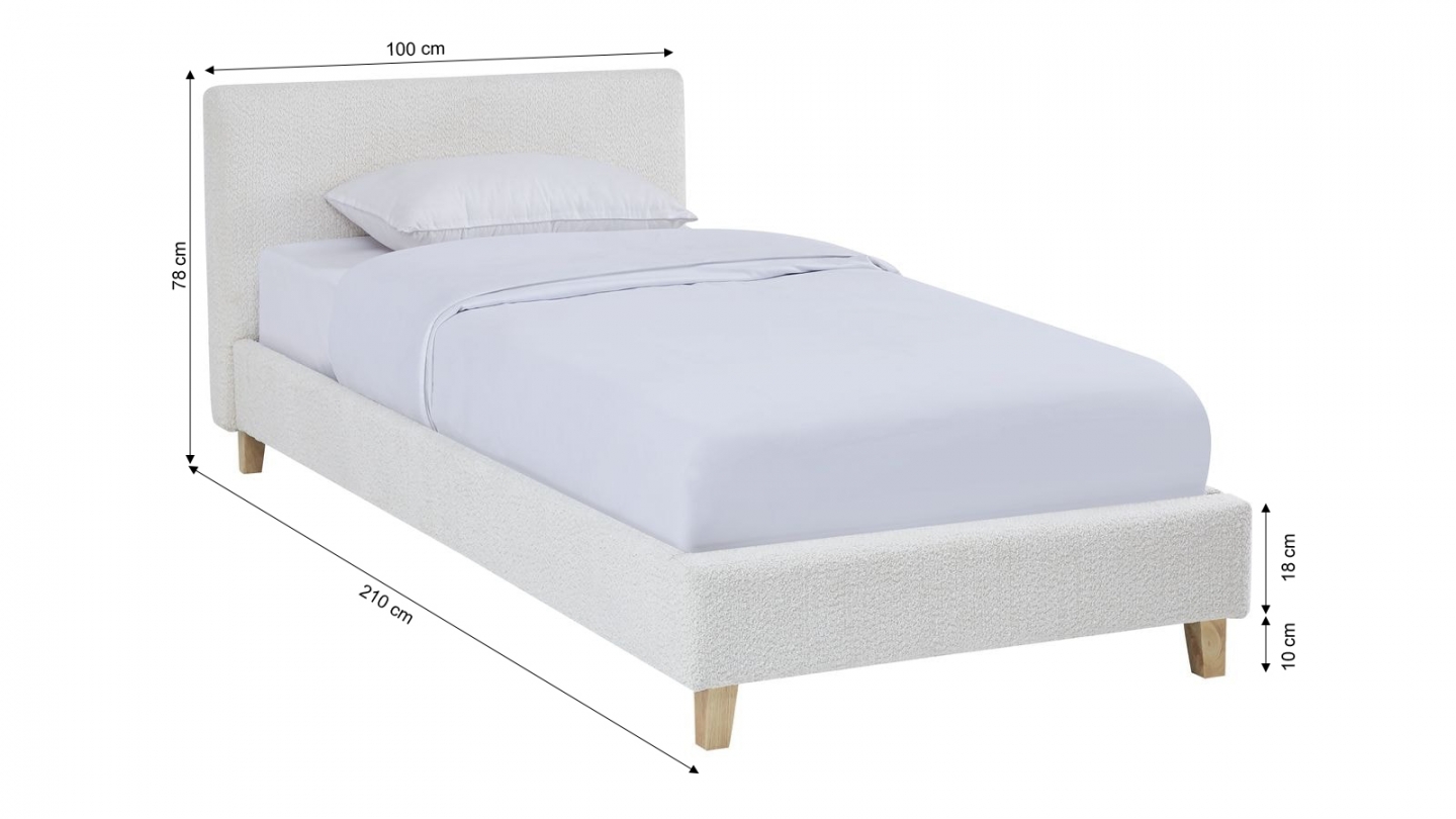 Lit adulte 90x190 cm avec tête de lit capitonnée en tissu bouclé beige - Milo