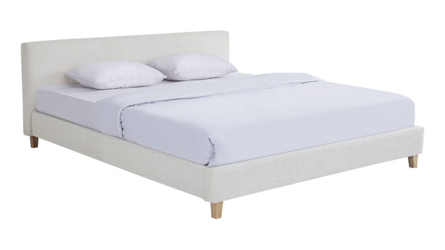 Lit adulte 180x200 cm avec tête de lit capitonnée en tissu bouclé beige - Milo