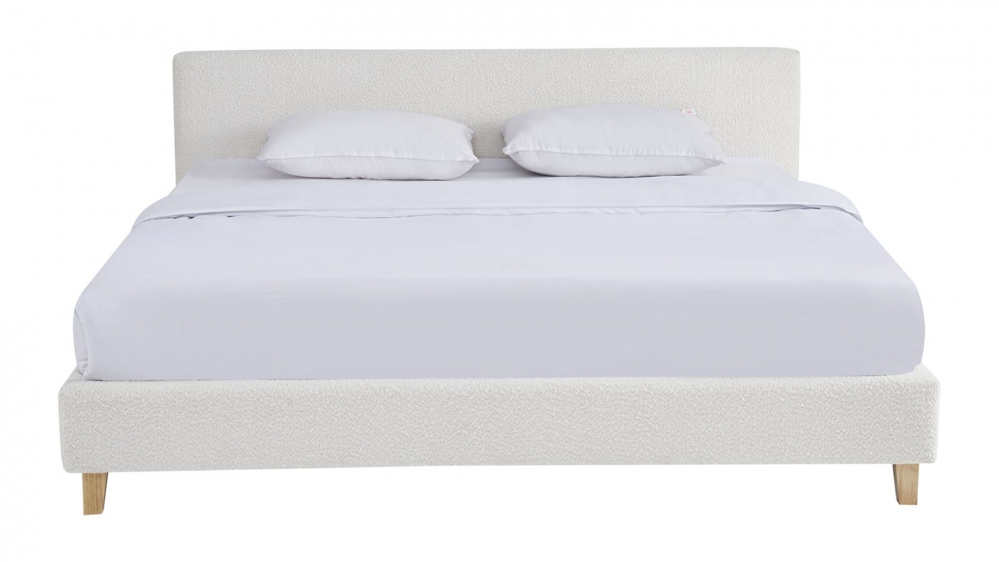 Lit adulte 180x200 cm avec tête de lit capitonnée en tissu bouclé beige - Milo
