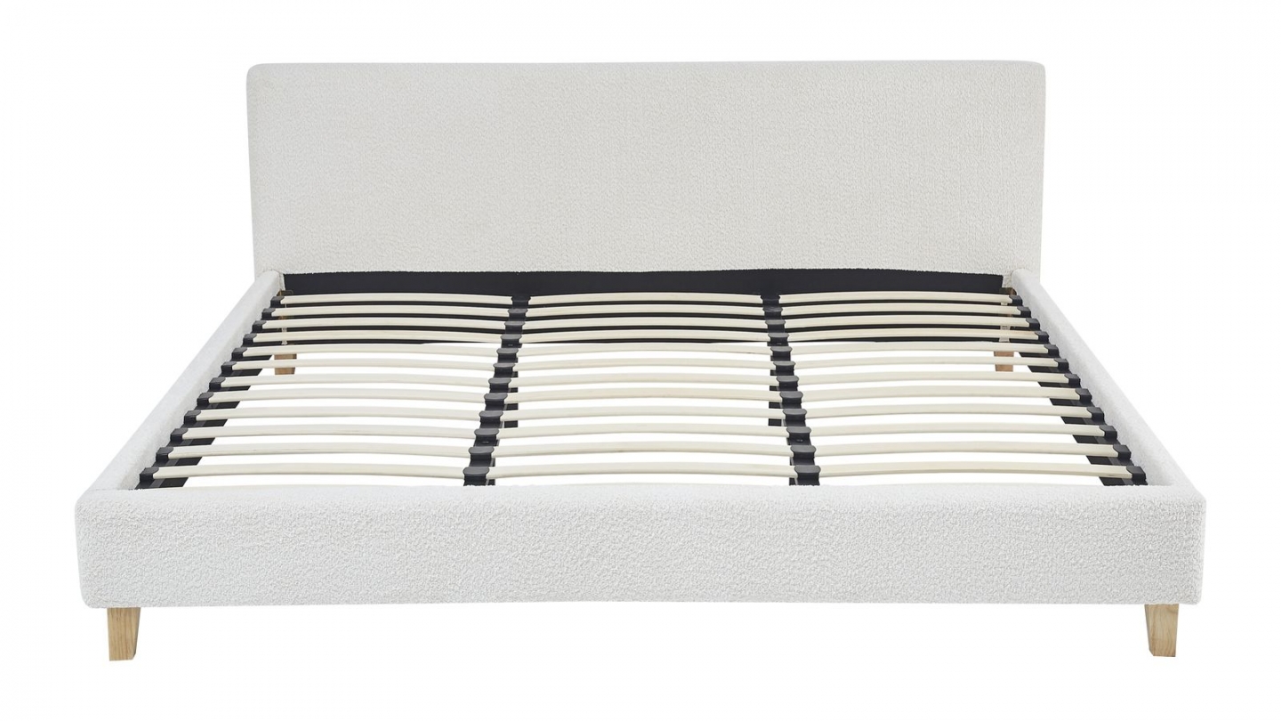 Lit adulte 180x200 cm avec tête de lit capitonnée en tissu bouclé beige - Milo