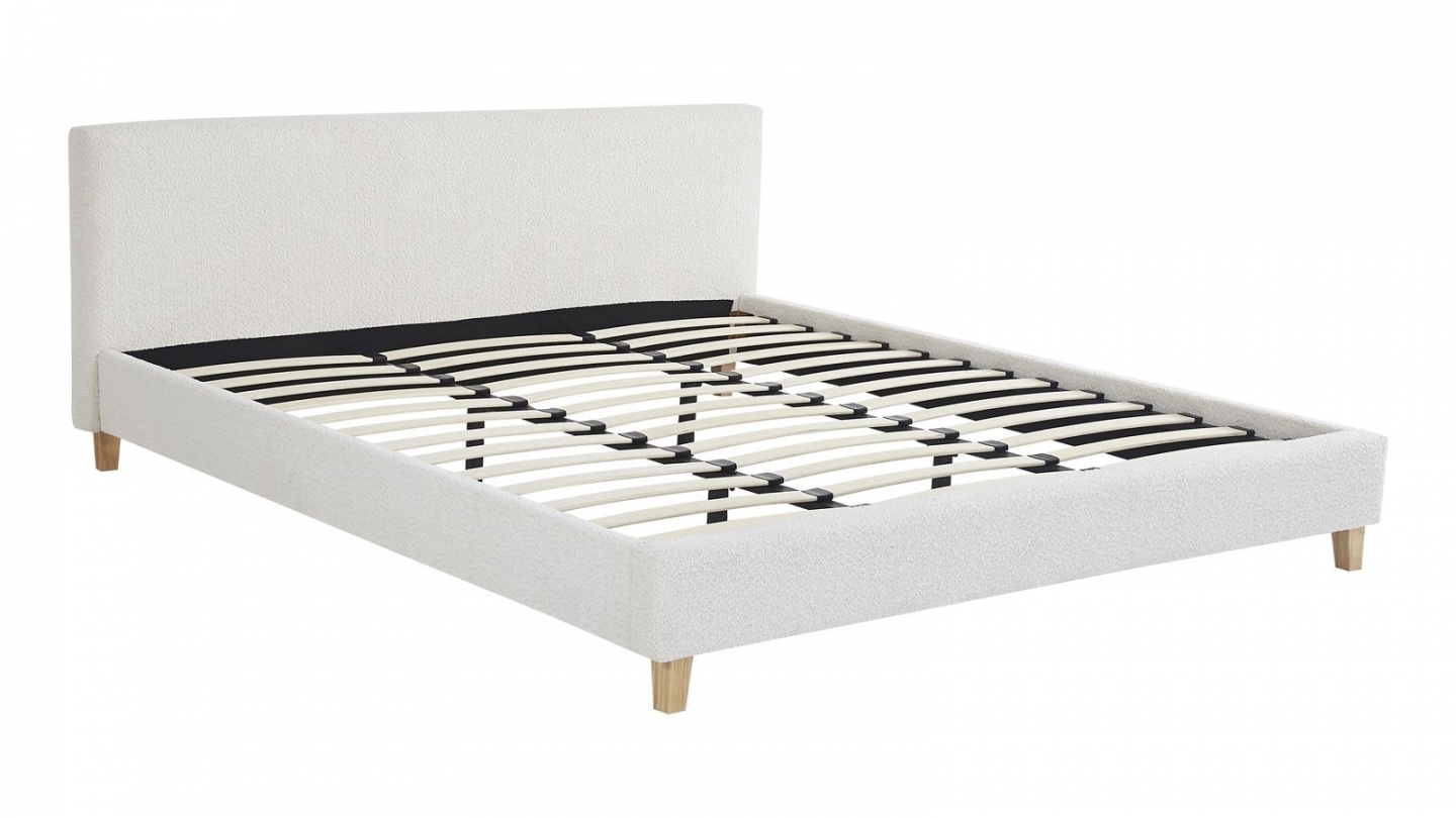 Lit adulte 180x200 cm avec tête de lit capitonnée en tissu bouclé beige - Milo