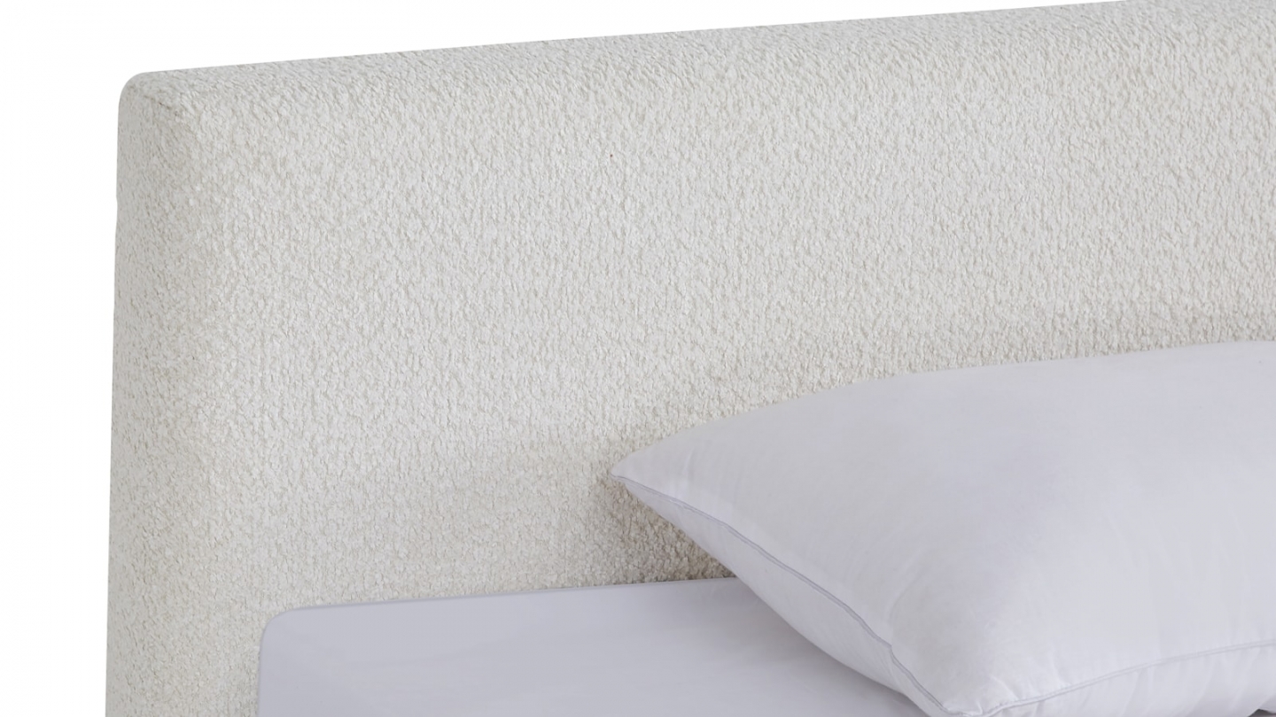 Lit adulte 180x200 cm avec tête de lit capitonnée en tissu bouclé beige - Milo