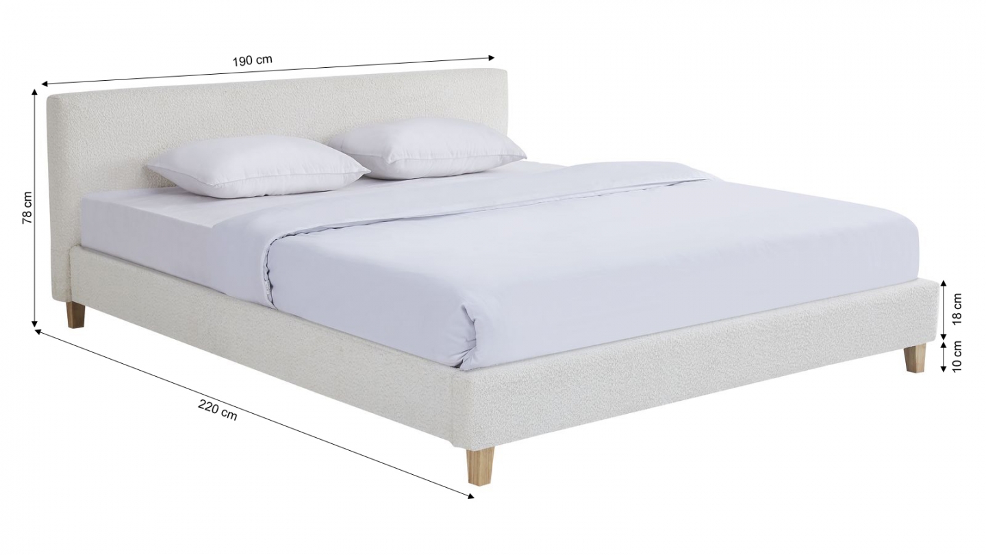 Lit adulte 180x200 cm avec tête de lit capitonnée en tissu bouclé beige - Milo