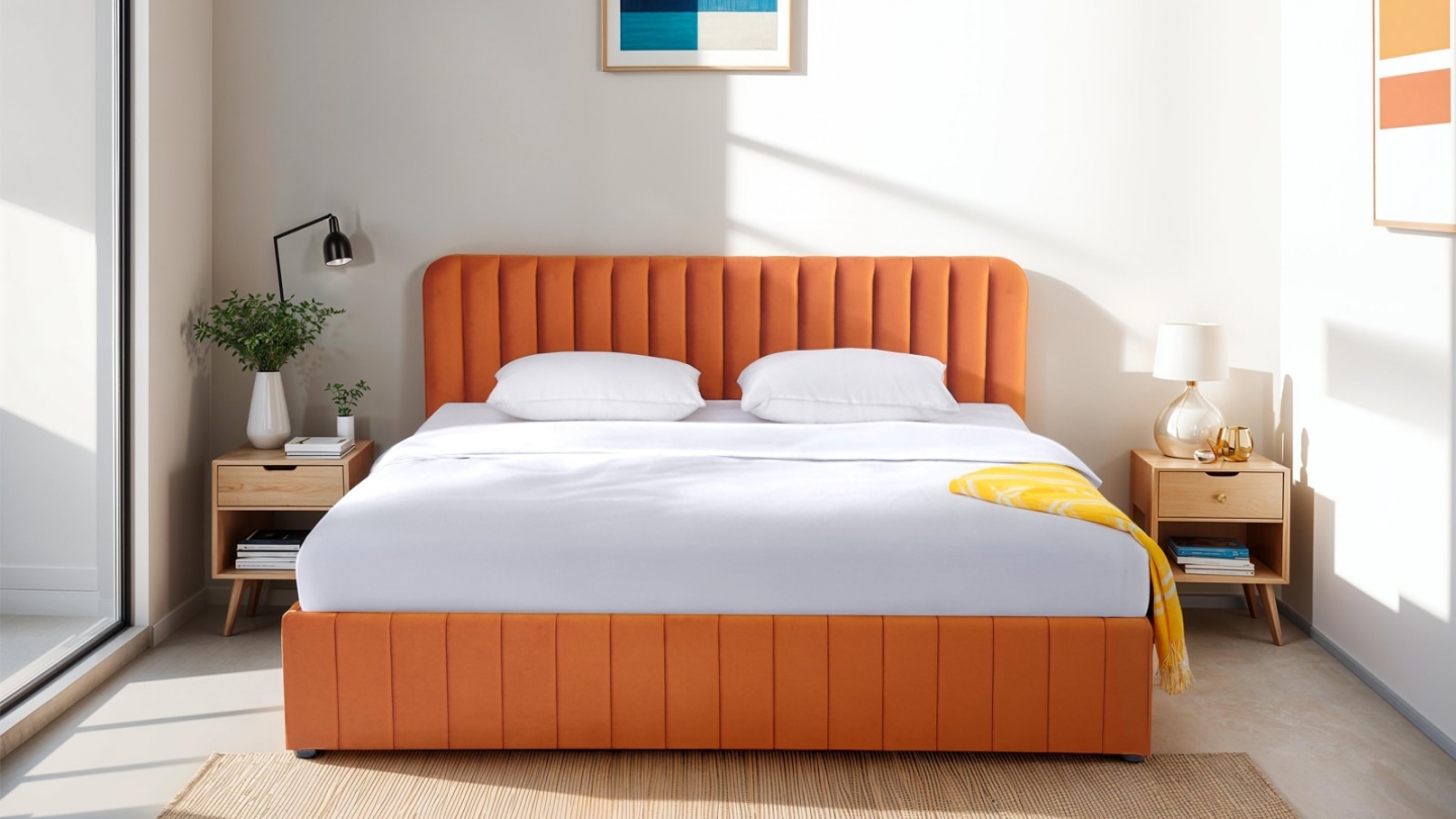 Lit coffre adulte 180x200 cm avec tête de lit capitonnée en velours terracotta - Ava