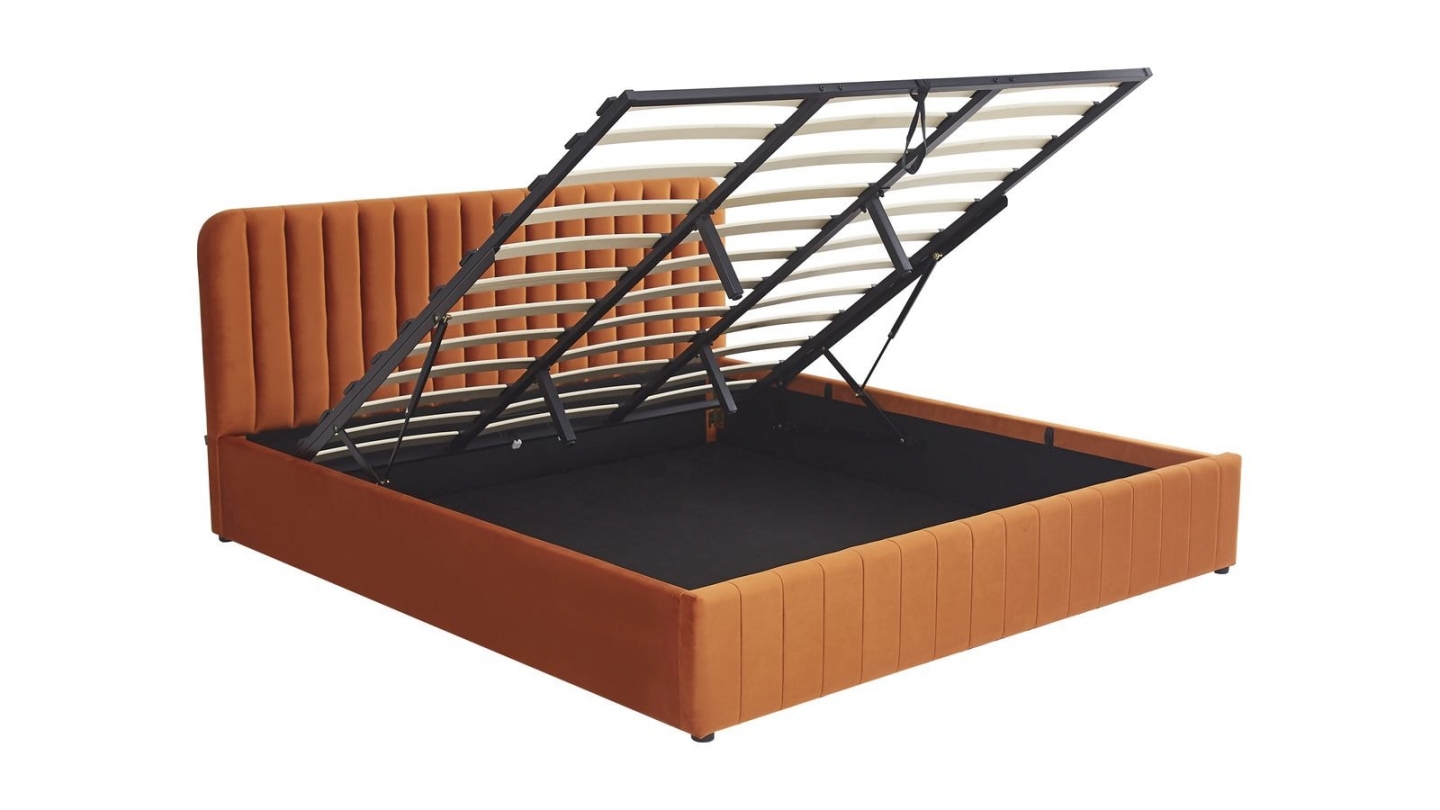 Lit coffre adulte 180x200 cm avec tête de lit capitonnée en velours terracotta - Ava