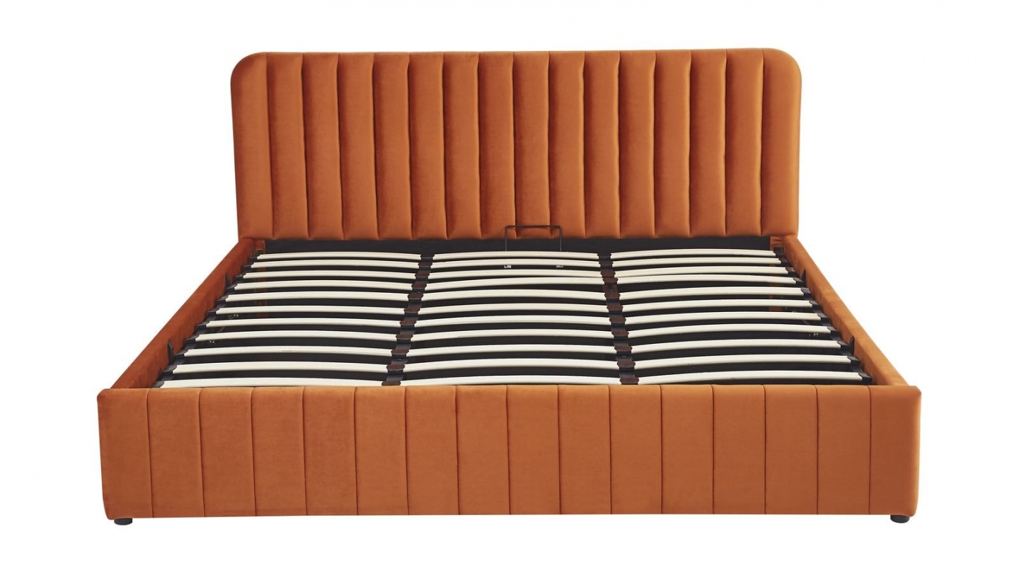 Lit coffre adulte 180x200 cm avec tête de lit capitonnée en velours terracotta - Ava