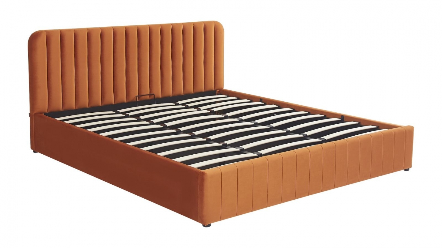 Lit coffre adulte 180x200 cm avec tête de lit capitonnée en velours terracotta - Ava