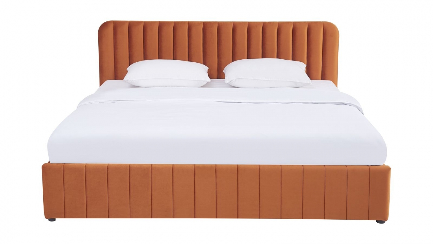 Lit coffre adulte 180x200 cm avec tête de lit capitonnée en velours terracotta - Ava