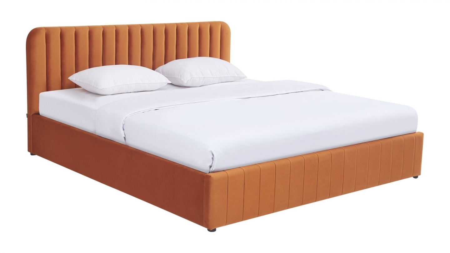 Lit coffre adulte 180x200 cm avec tête de lit capitonnée en velours terracotta - Ava