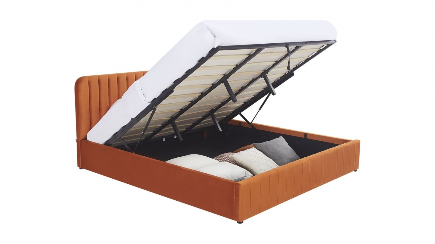 Lit coffre adulte 180x200 cm avec tête de lit capitonnée en velours terracotta - Ava